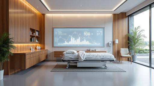 Modern hospital room with medical equipment and digital monitoring systems, showing healthcare technology integration
