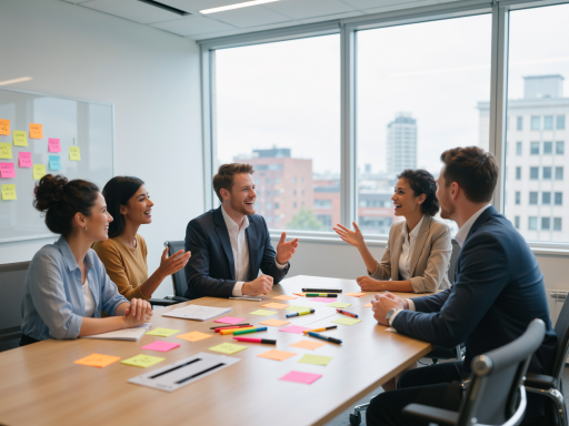Diverse group of professionals in formal attire discussing ethical guidelines around conference table
