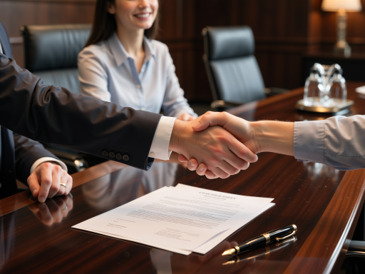 Business partnership agreement signing ceremony with executives shaking hands in modern conference room