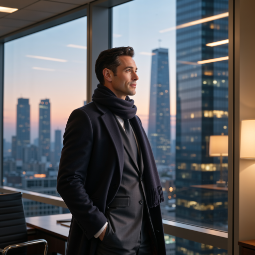 Forty year old male executive wearing dark suit and tie, standing in modern office environment with glass walls and natural lighting
