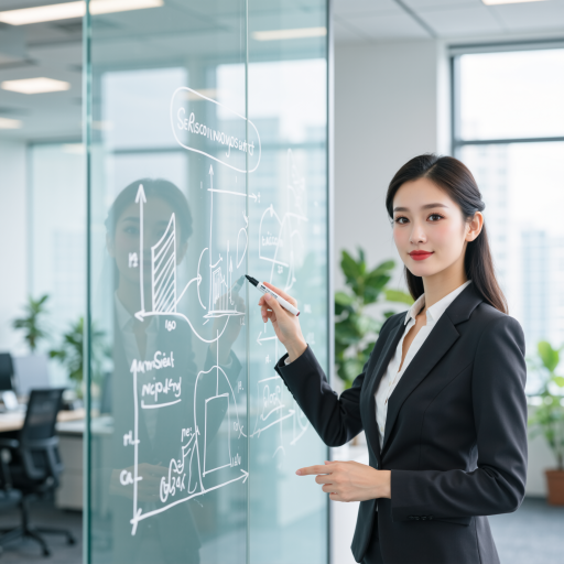 Thirty two year old female product manager wearing blazer, standing in modern meeting room with whiteboard and collaborative workspace